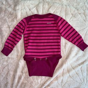 Patagonia 12 month onesie pink striped capeline thermal